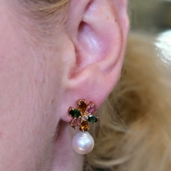 Floral Tourmaline and Freshwater Pearl Earrings