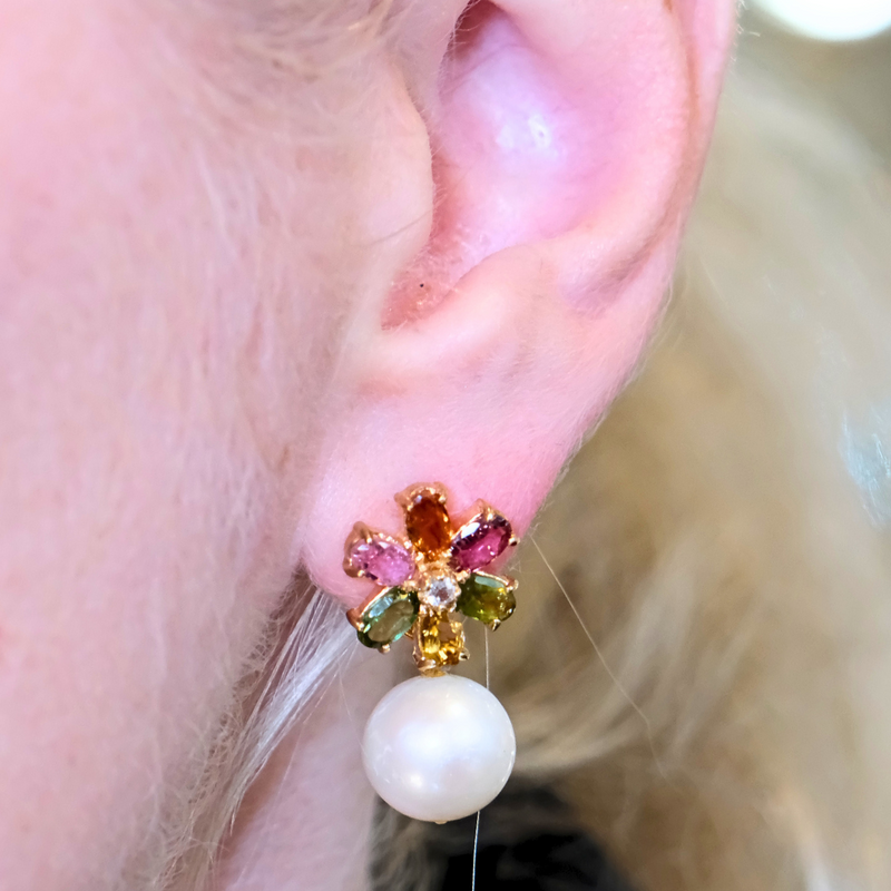 Kaleidoscope Tourmaline and Freshwater Pearl Earrings