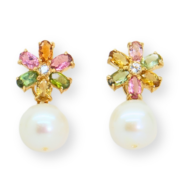 Kaleidoscope Tourmaline and Freshwater Pearl Earrings