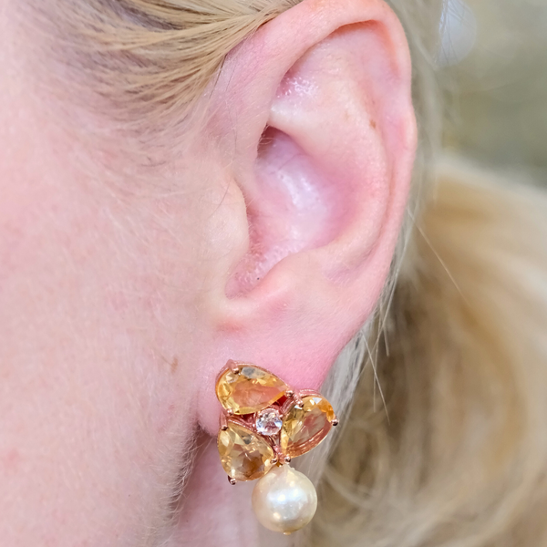 Teardrop Citrine Trio and Baroque Pearl Earrings
