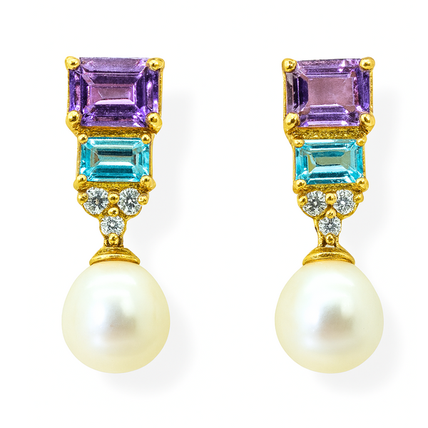 Rectangle Amethyst Topaz and Freshwater Pearl Earrings