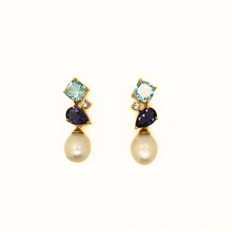 Iolite Topaz Zircon and Freshwater Pearl Earrings