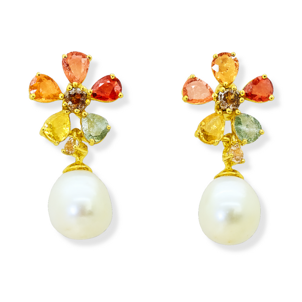 Floral Fancy Sapphire and Freshwater Pearl Earrings