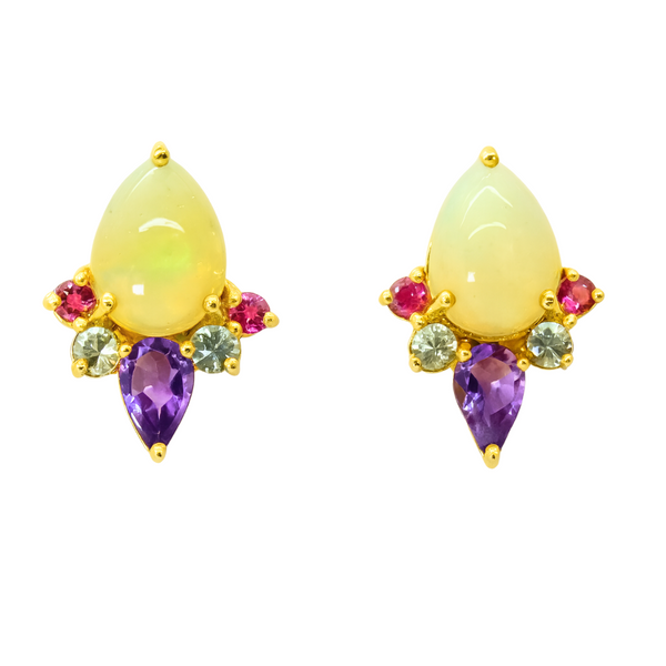 Opal Amethyst and Garnet Stud Earrings