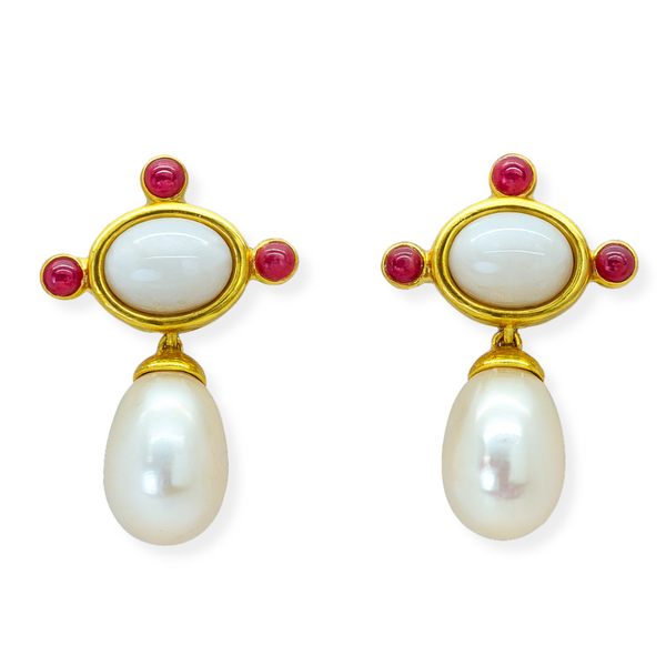 Trio Ruby Opal and Freshwater Pearl Earrings