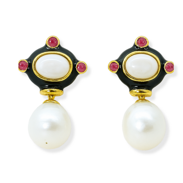 Opal Ruby and Freshwater Pearl Earrings