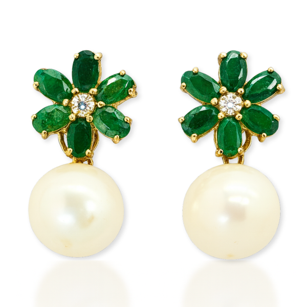 Floral Emerald and Freshwater Pearl Earrings