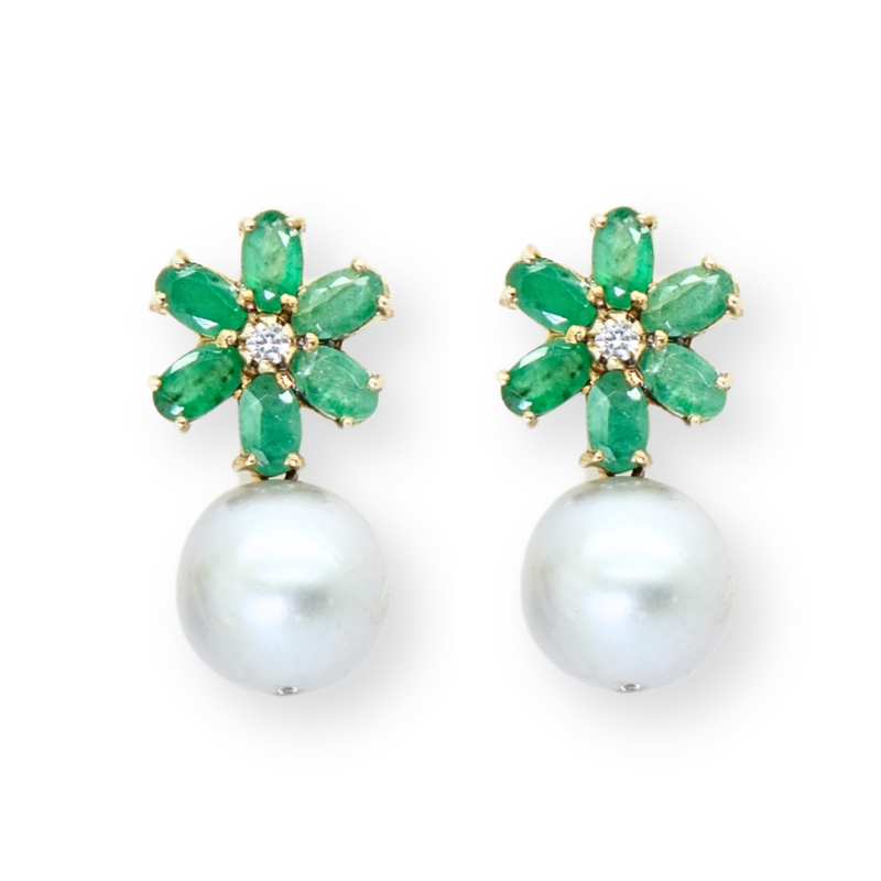 Floral Emerald and Freshwater Pearl Earrings