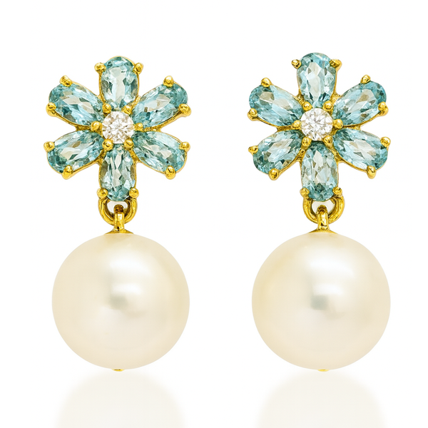 Floral Blue Topaz and Freshwater Pearl Earrings