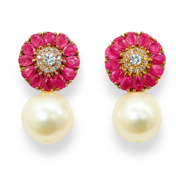 Round Ruby and Freshwater Pearl Earrings