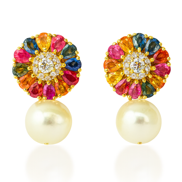 Multi Sapphire and Freshwater Pearl Earrings