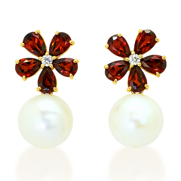 Floral Garnet and Freshwater Pearl Earrings