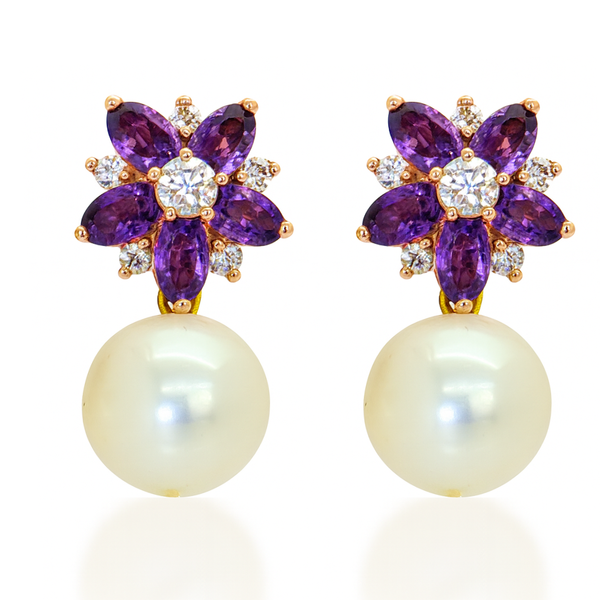 Floral Amethyst Topaz and Freshwater Pearl Earrings