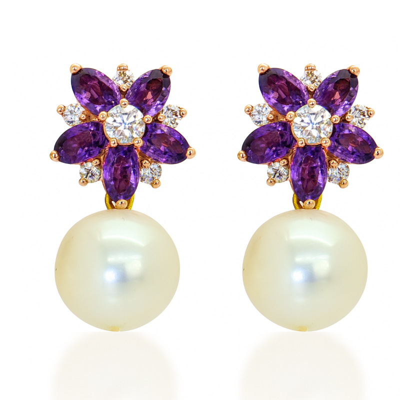 Floral Amethyst Topaz and Freshwater Pearl Earrings
