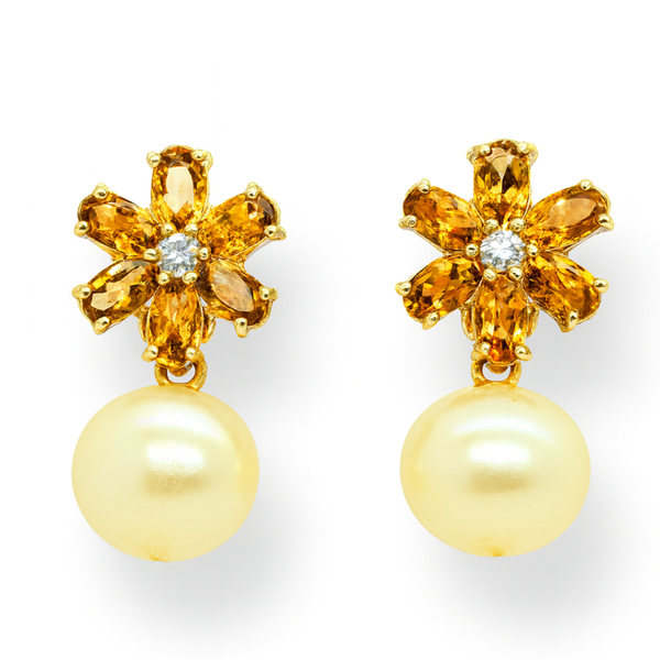 Floral Dravite Tourmaline and Freshwater Pearl Earrings
