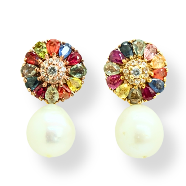 Dark Multi Sapphire and Freshwater Pearl Earrings