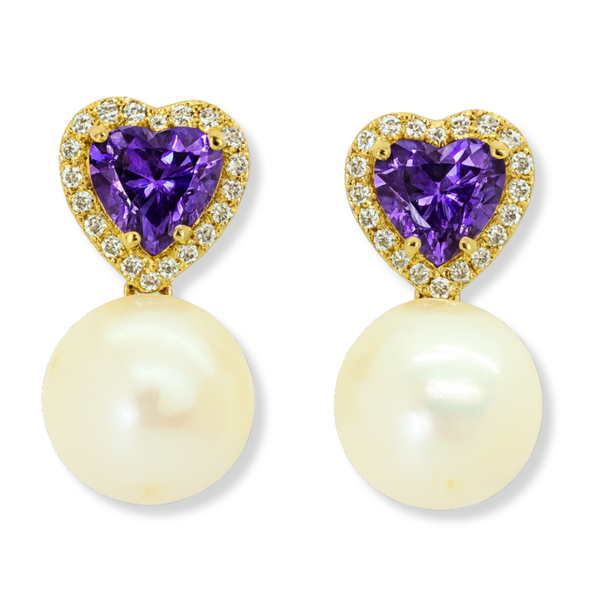 Heart Amethyst White Topaz and Freshwater Pearl Earrings