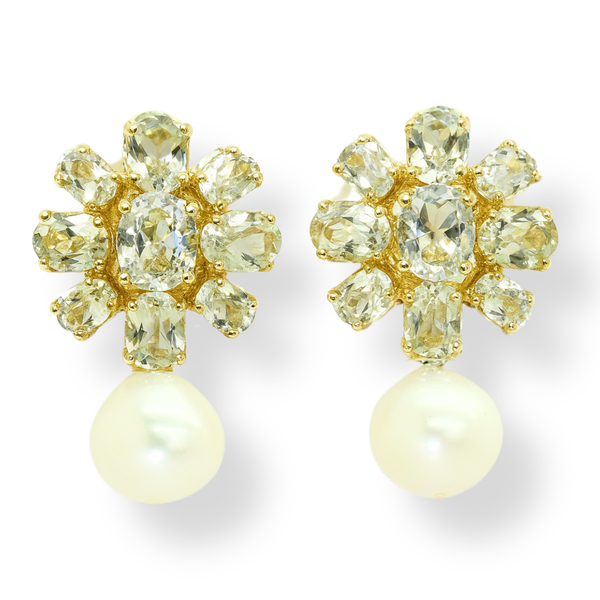 White Topaz Flower and Freshwater Pearl Earrings