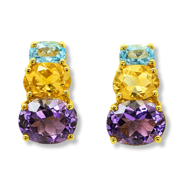 Blue Topaz Yellow Citrine and Purple Amethyst Earrings