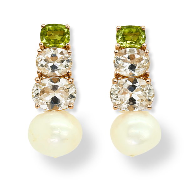 Green Peridot White Topaz and Freshwater Pearl Earrings