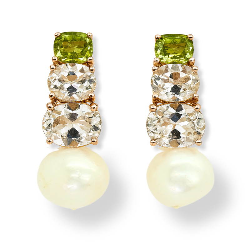 Green Peridot White Topaz and Freshwater Pearl Earrings