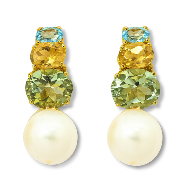 Blue Topaz Yellow Citrine Green Amethyst and Freshwater Pearl Earrings