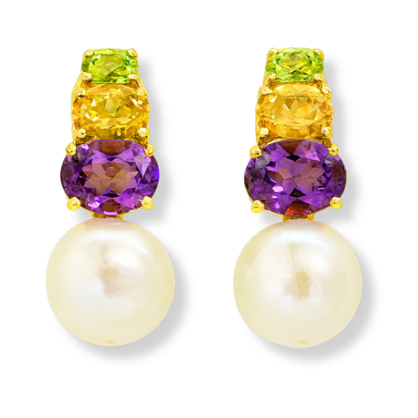 Green Peridot Yellow Citrine Purple Amethyst and Freshwater Pearl Earrings