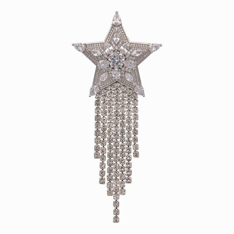 Crystal Star with Drop Tassels Brooch