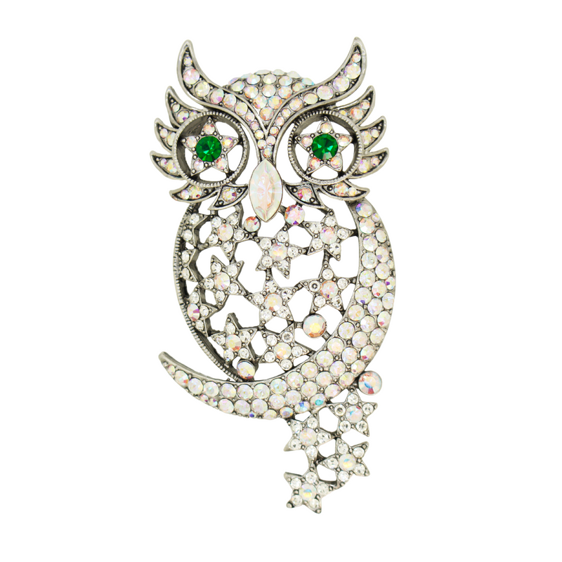 Crystal Owl with Moon and Stars Brooch