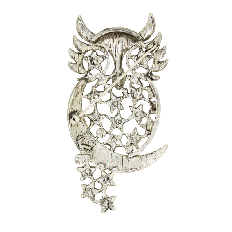 Crystal Owl with Moon and Stars Brooch