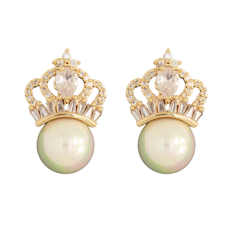 Crown and Pearl Stud Earrings