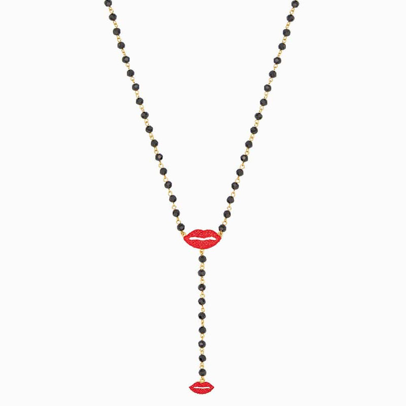 Two Crystal Lips on Beaded Y Shape Necklace