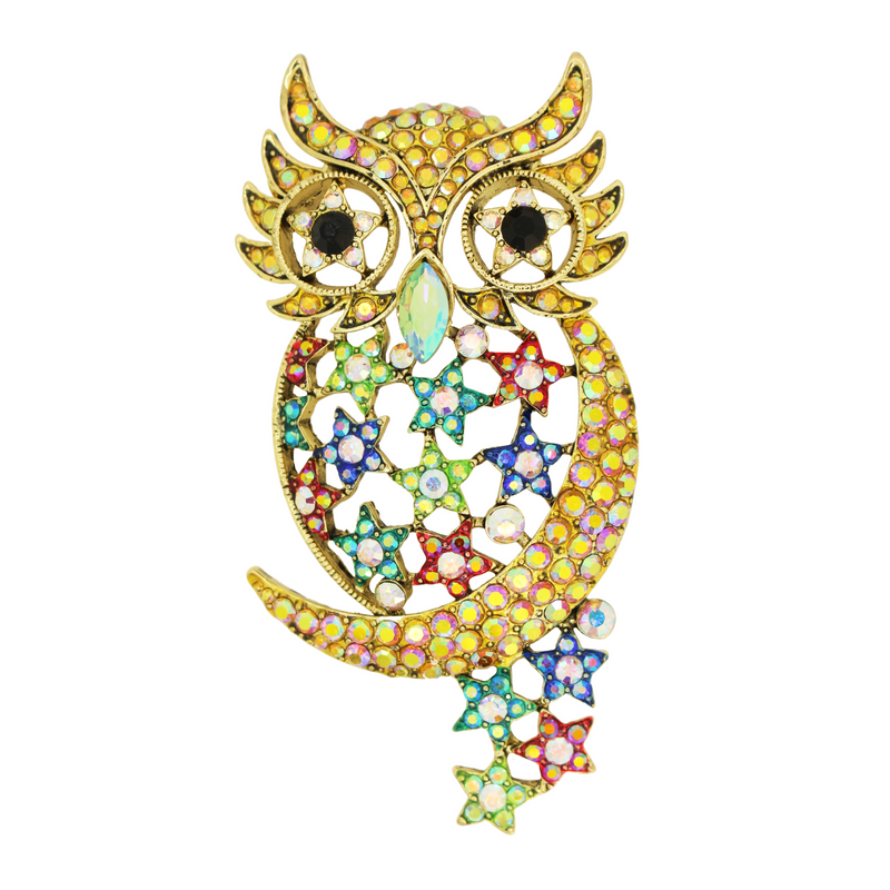 Crystal Owl with Moon and Stars Brooch