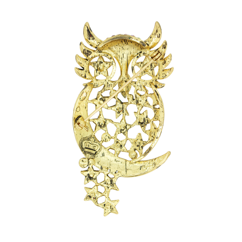 Crystal Owl with Moon and Stars Brooch
