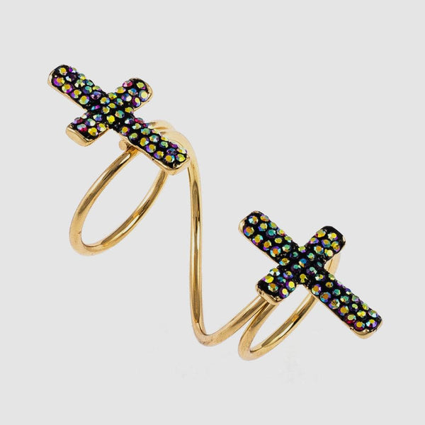 Two Crystal Crosses Adjustable Wrap Ring