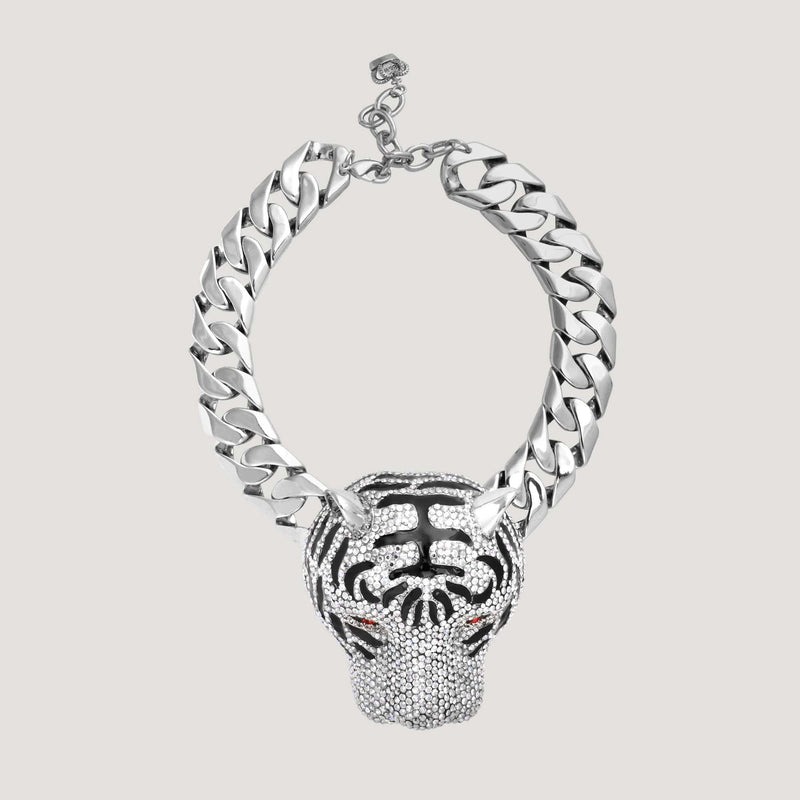 Large Crystal Tiger Head on Chunky Chain Necklace