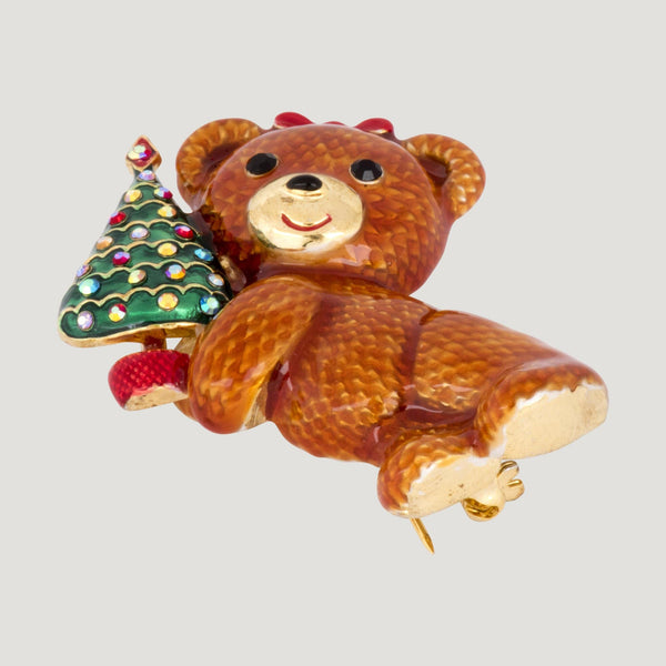 Enamel Teddy Bear with Christmas Tree Brooch