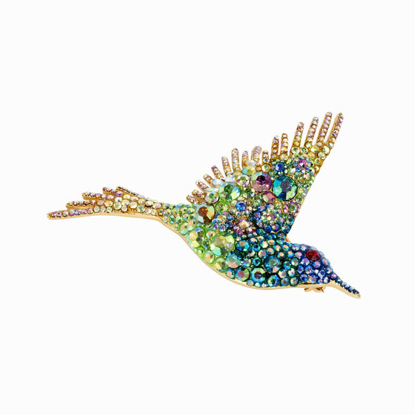 Multi Crystal Encrusted Hummingbird Bird Brooch