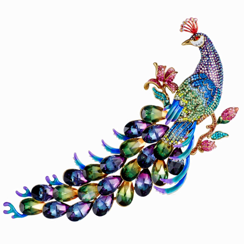 Ornate Crystal Peacock Brooch