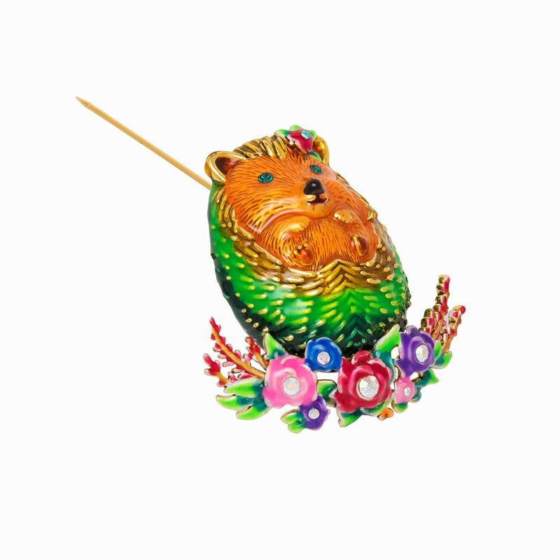 Hedgehog Sitting on Flowers Brooch