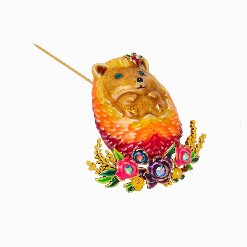 Hedgehog Sitting on Flowers Brooch