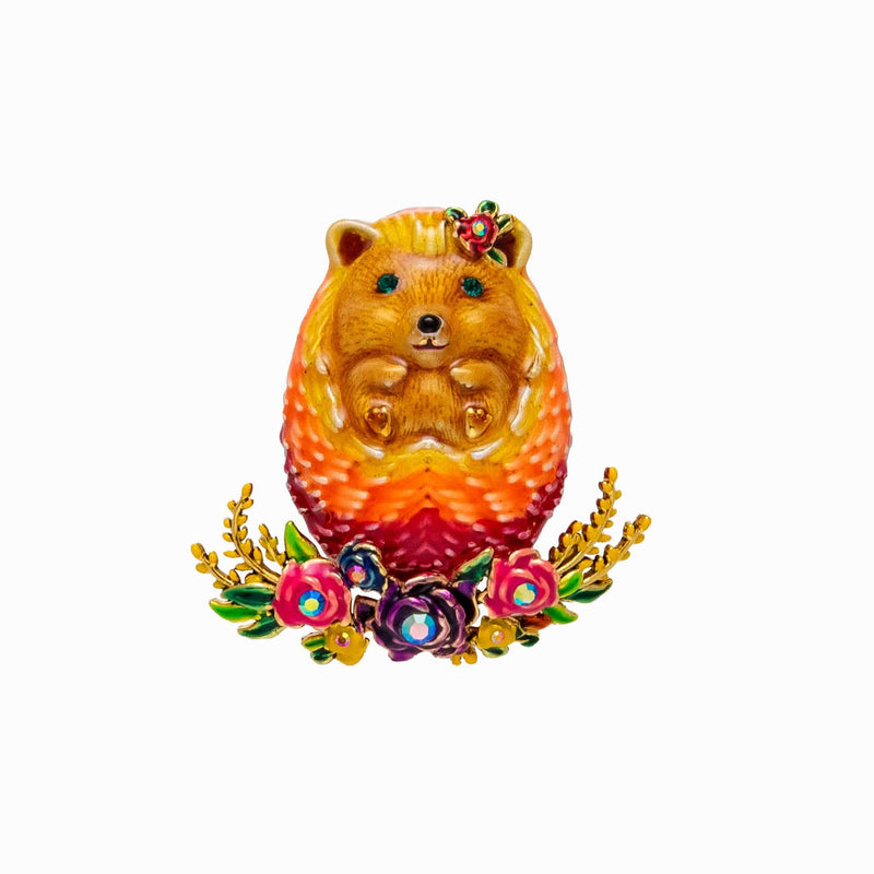 Hedgehog Sitting on Flowers Brooch