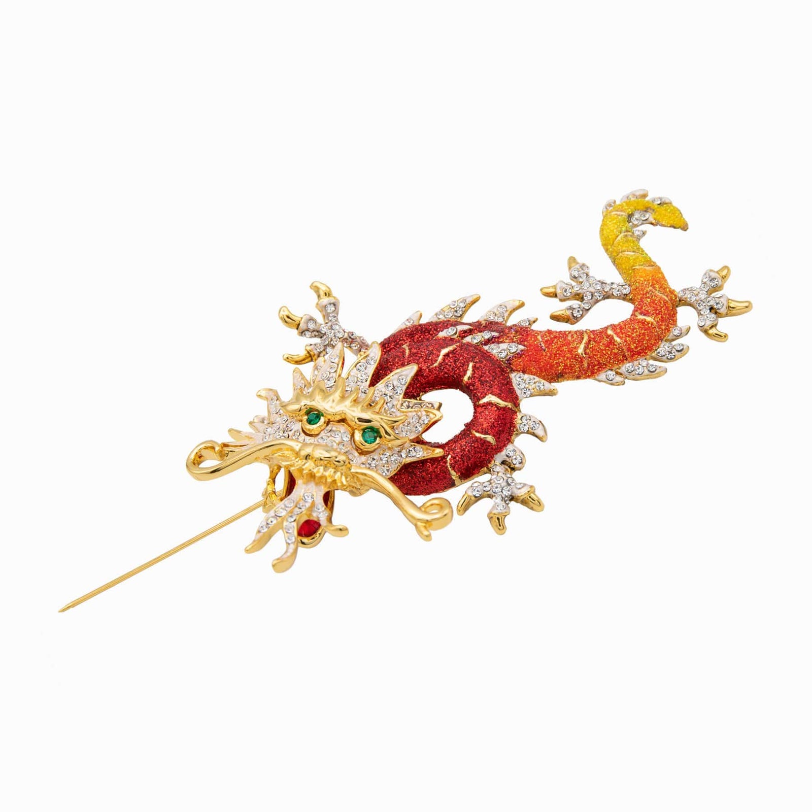 Broche Dragon En Verre émeraude - Askew London - Plaqué Or 24 Carats - Longueur 5 Pouces