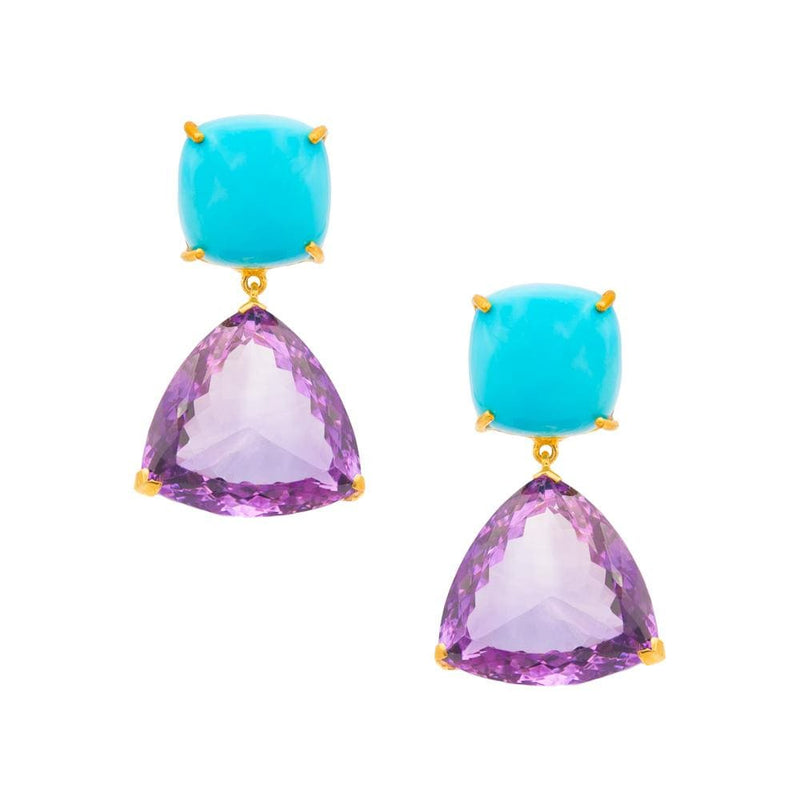 Square Turquoise with Triangle Drop Amethyst Earrings