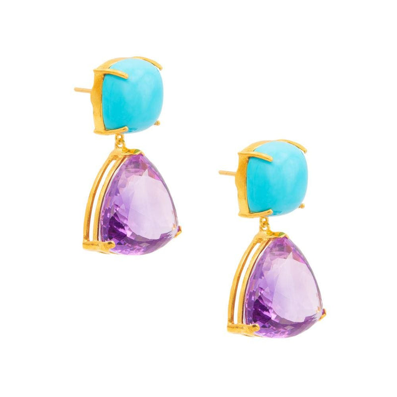 Square Turquoise with Triangle Drop Amethyst Earrings
