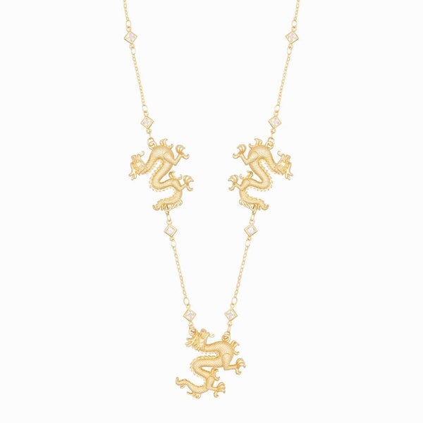 Three Chinese Dragons on Crystal Chain Necklace