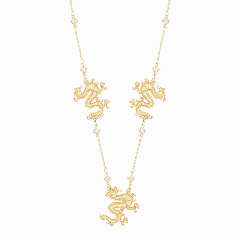 Three Chinese Dragons on Crystal Chain Necklace