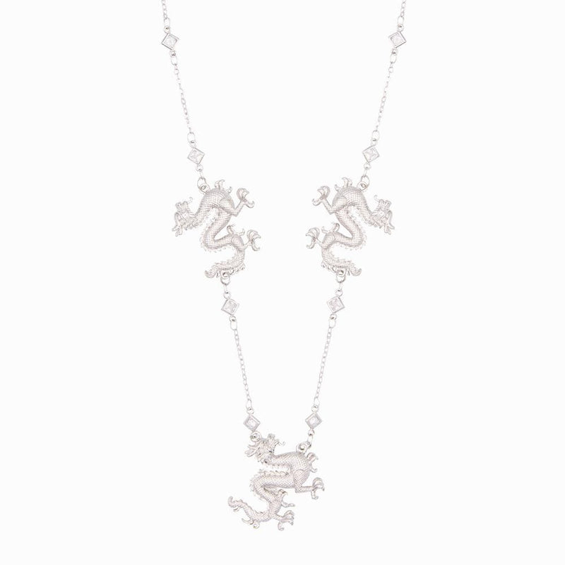 Three Chinese Dragons on Crystal Chain Necklace