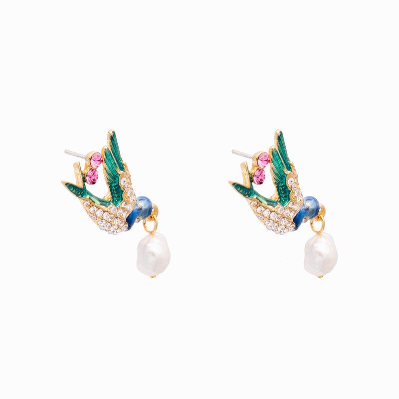 Crystal Swallow with Drop Pearl Earrings