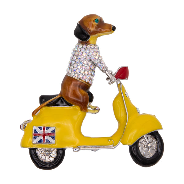 Dachshund on Scooter Brooch